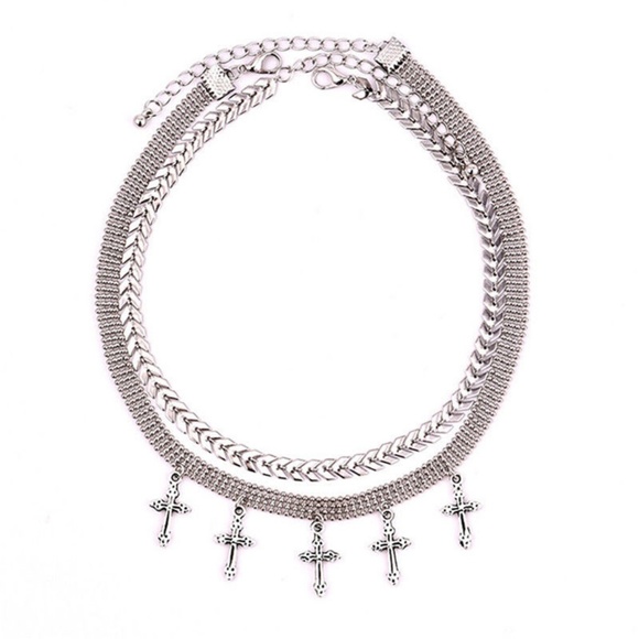 Double Layer Cross Pendant Necklace Choker Silver - Picture 4 of 4